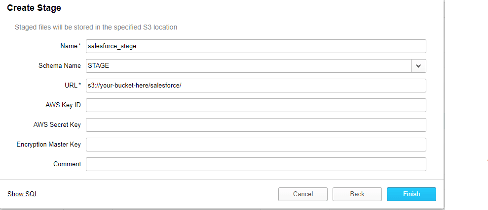 Salesforce to Snowflake: Create Stage Window